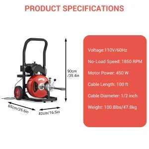 Drain Cleaner Machine 75Ftx1/2Inch,450W Portable Drain Cleaning Machine with 6 Cutters,Gloves,Portable Electric Drain Auger Cleaner for 2" to 4" Pipes