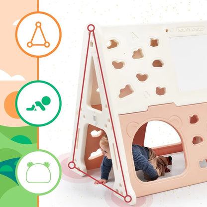 Climbing Toys for Toddlers 1-3, 5 in 1 Toddler Climber Basketball Hoop Set, Kids Playground Climber Playset with Tunnel,Climber,Whiteboard,Toy Building Block Baseplates,Combination for Babies,Pink
