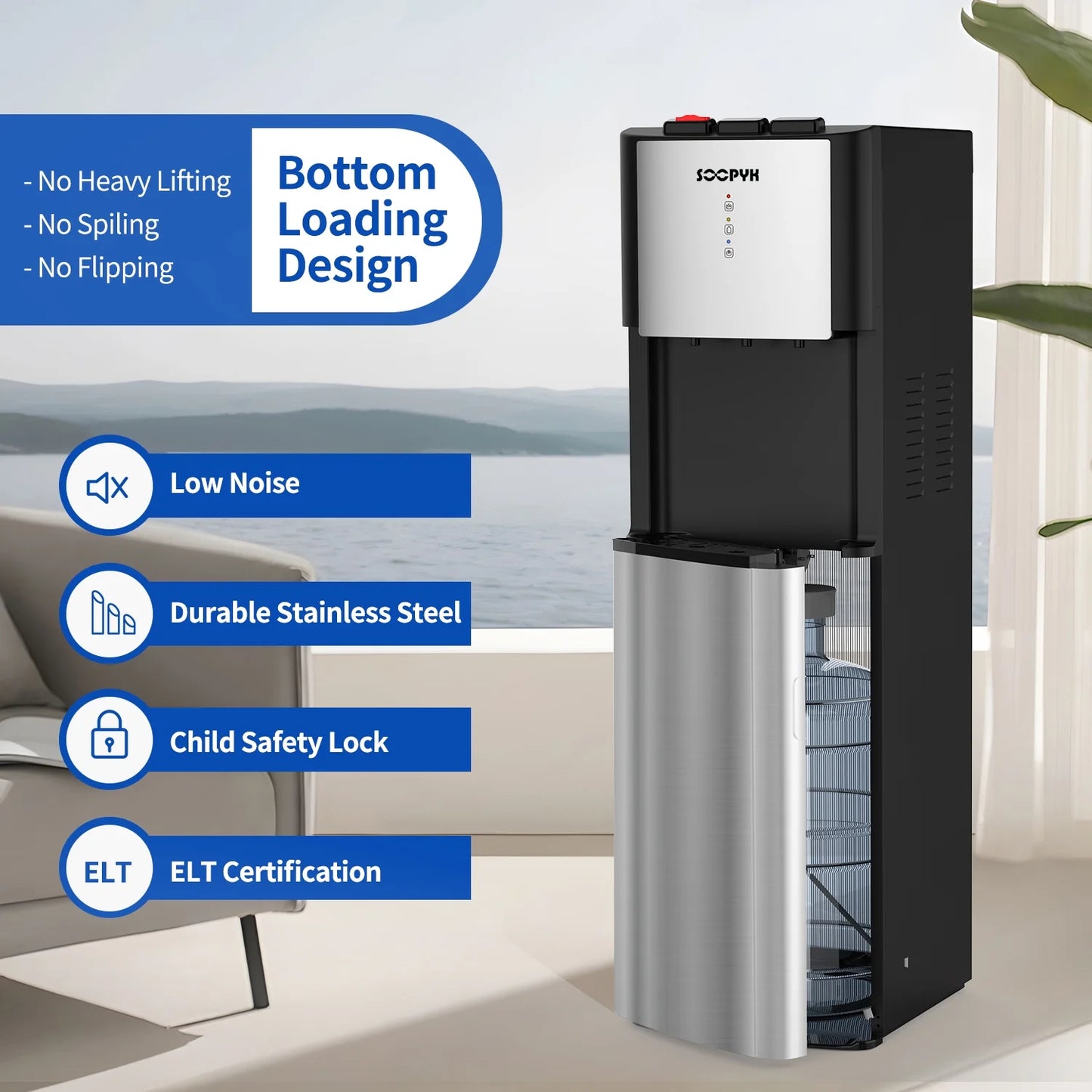 SOOPYK UV Self Cleaning Bottom Loading Water Cooler Dispenser for 5 Gallon Bottles 3 Temperatures, Child Safety Lock, LED Display with Empty Bottle Alert, Stainless Steel