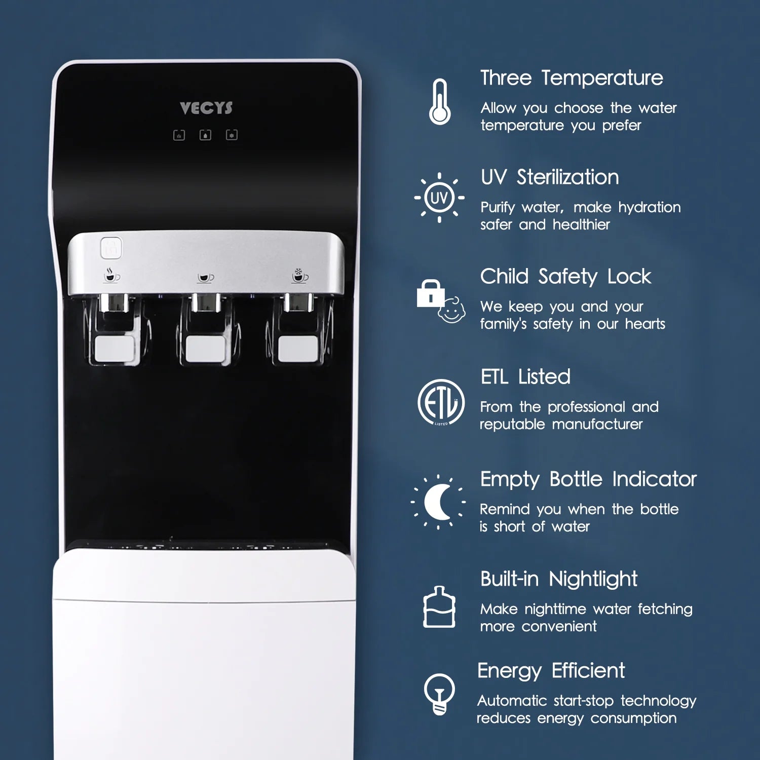 VECYS 3 or 5 Gallon Bottom Loading Water Dispenser for Hot, Room and Cold Water with Child Safety Lock, UV Self-cleaning Compressor Water Cooler Built-in 304 Stainless Steel Reserviors and Nightlight