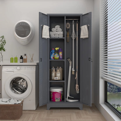 Marcree Broom Closet Storage Cabinet with Lock,65" Tall Garage Storage Cabinet with Hanging Rod,Multifunctional Garage Storage Broom Closet with Doors,Cleaning Tool Cabinet