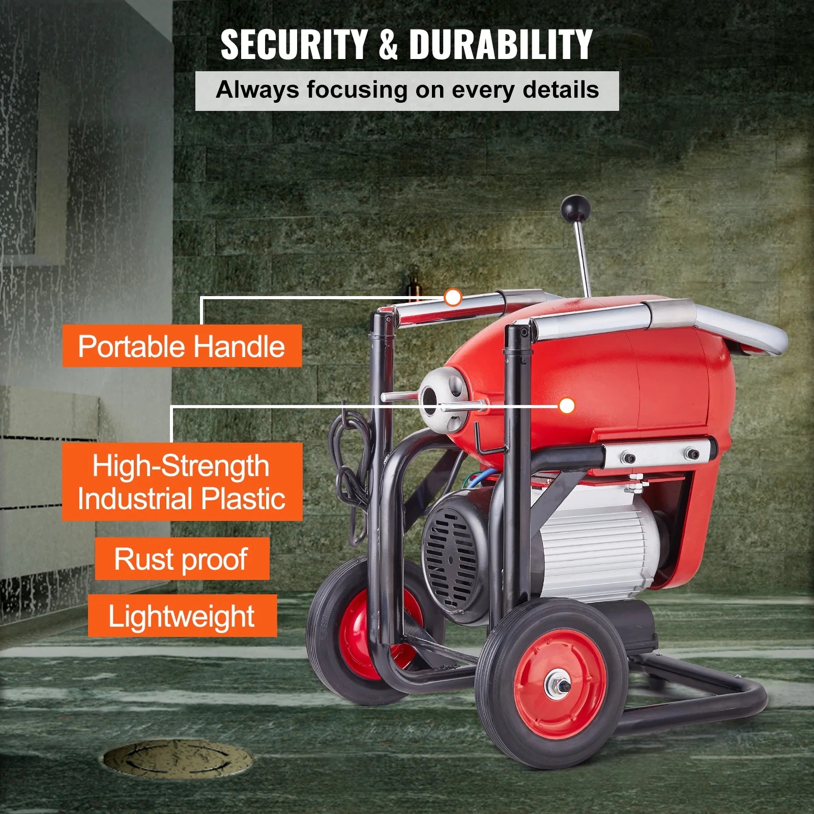 KFFKFF Drain Cleaning Machine, 120FT x 6/5 Inch, 1100W, Manual Operation - Includes 2 Steel Cables, 6 Blades, and Dual-Direction Control for Pipes 4"-8"