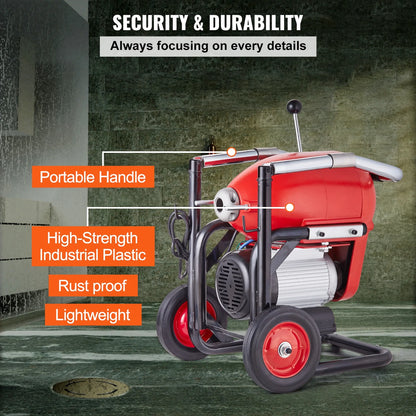 KFFKFF Drain Cleaning Machine, 120FT x 6/5 Inch, 1100W, Manual Operation - Includes 2 Steel Cables, 6 Blades, and Dual-Direction Control for Pipes 4"-8"