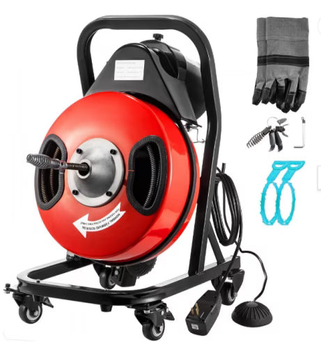 Drain Cleaner Machine 50FTx1/2 Inch,Auto Sewer Snake Auger on Wheels,Portable Drain Cleaning Machine with 4 Cutter & Foot Switch for 2" to 4" Pipes Sewer Sink Toilet Shower