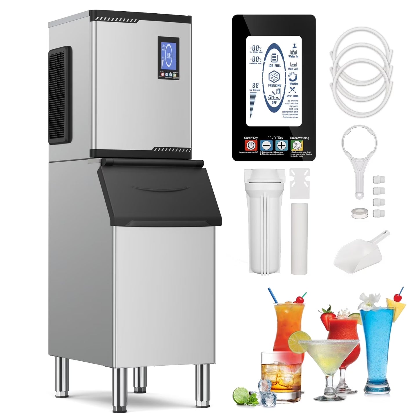 QAUSOU Commercial Ice Maker Machine Large Capacity 360 LBS 600 LBS/24H with Self Cleaning Function