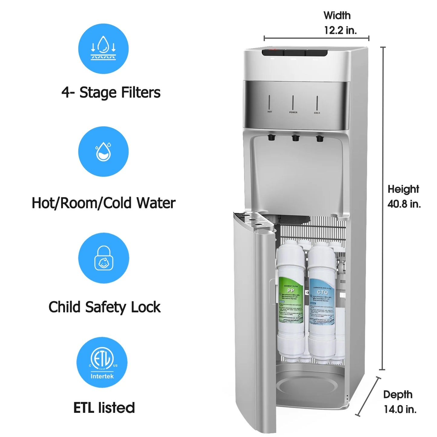 IKT Self Cleaning Bottleless Water Cooler Dispenser with 4 Stage Water Filter 3 Temperature Settings Silver