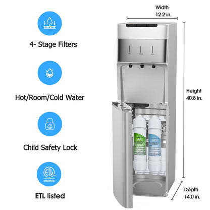 IKT Self Cleaning Bottleless Water Cooler Dispenser with 4 Stage Water Filter 3 Temperature Settings Silver