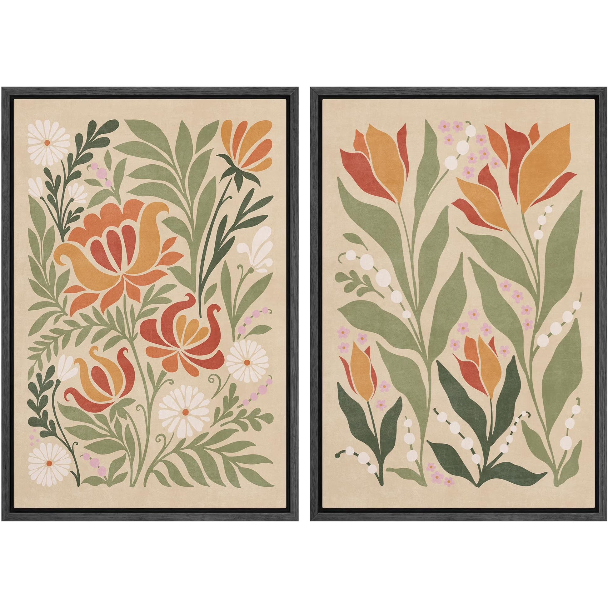 IDEA4WALL Framed Canvas Print Wall Art Set Vintage Floral Classic Botanical Illustration Abstract Garden Flowers Boho Art Modern Wall Decor Colorful Chic Artwork for Home Decor - Natural 24"x36"x2