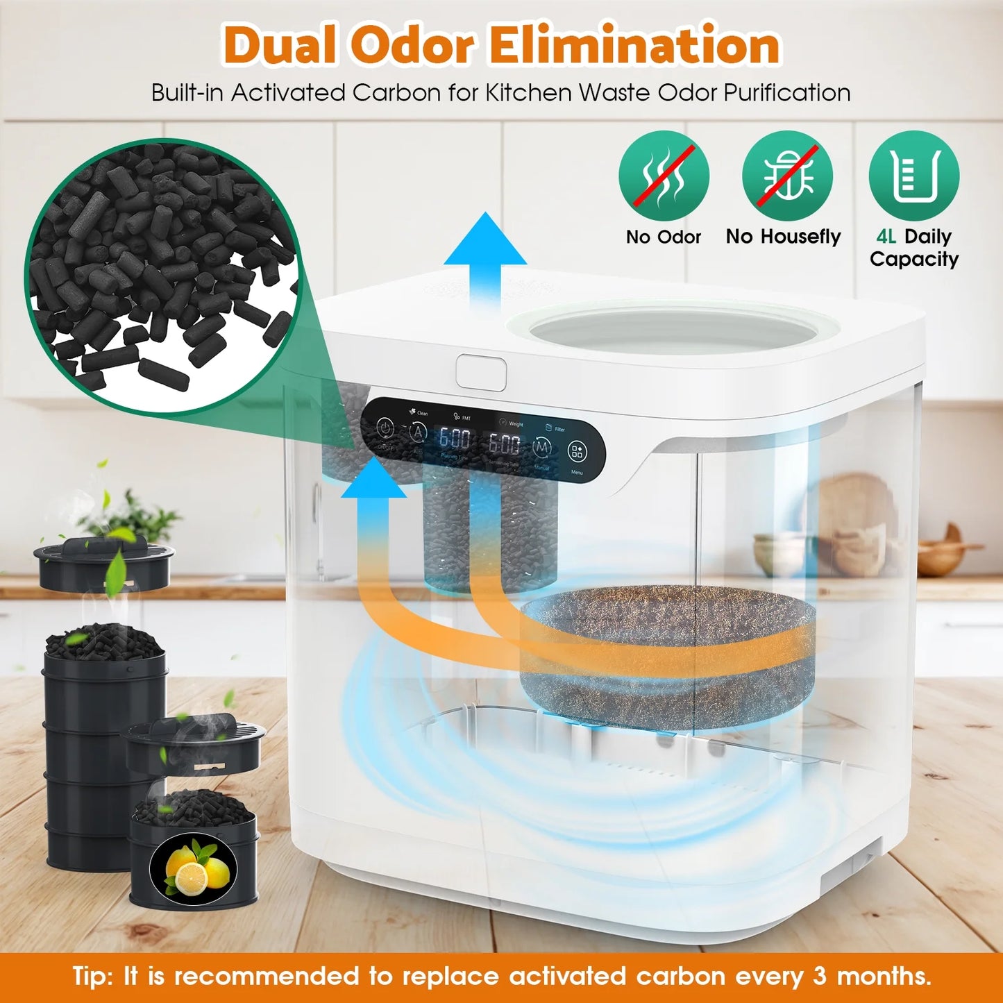 Advwin 4L Electric Composter for Kitchen, Indoor Compost Bin, 2 Detachable Carbon Filter, Auto-Cleaning
