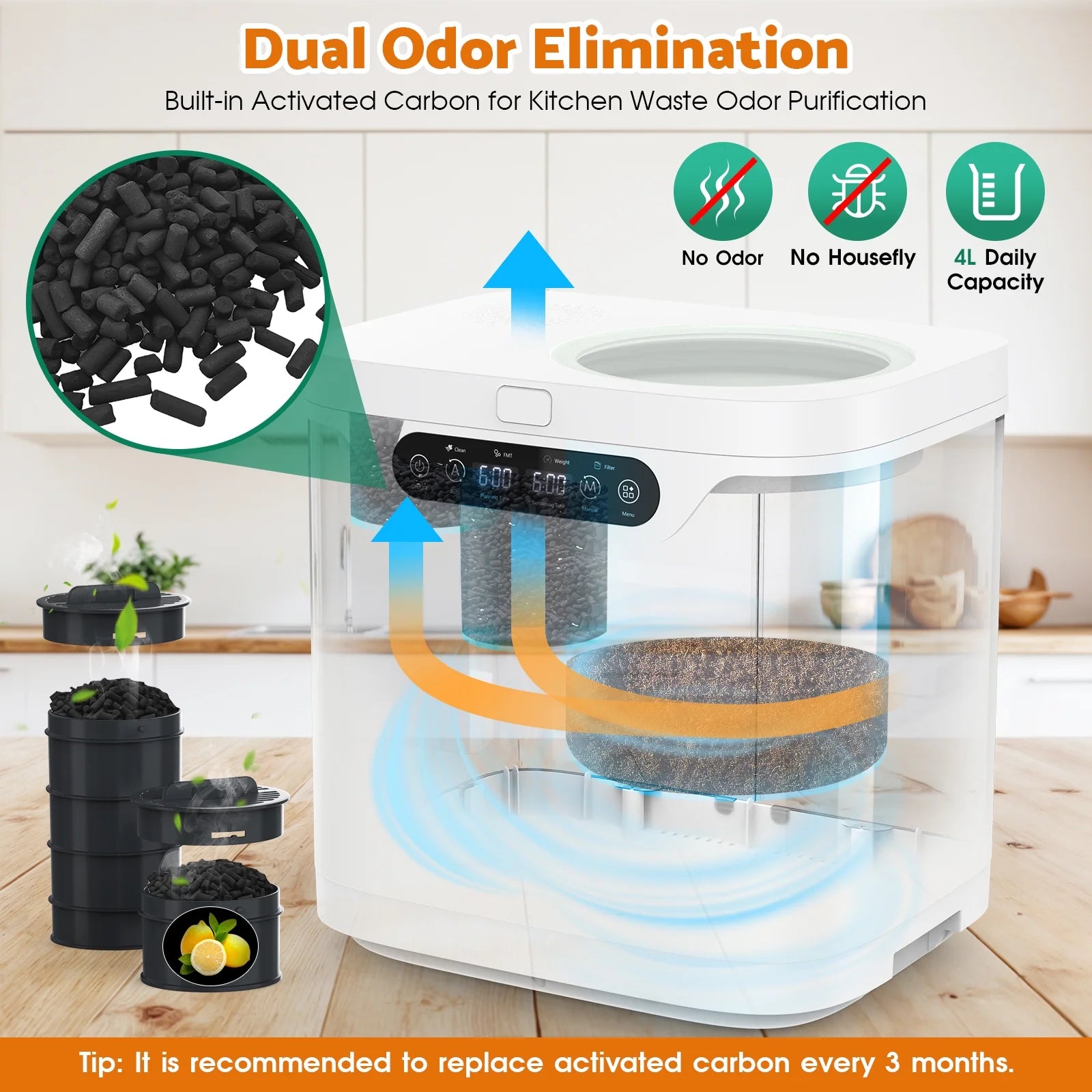 Advwin 4L Electric Composter for Kitchen, Indoor Compost Bin, 2 Detachable Carbon Filter, Auto-Cleaning