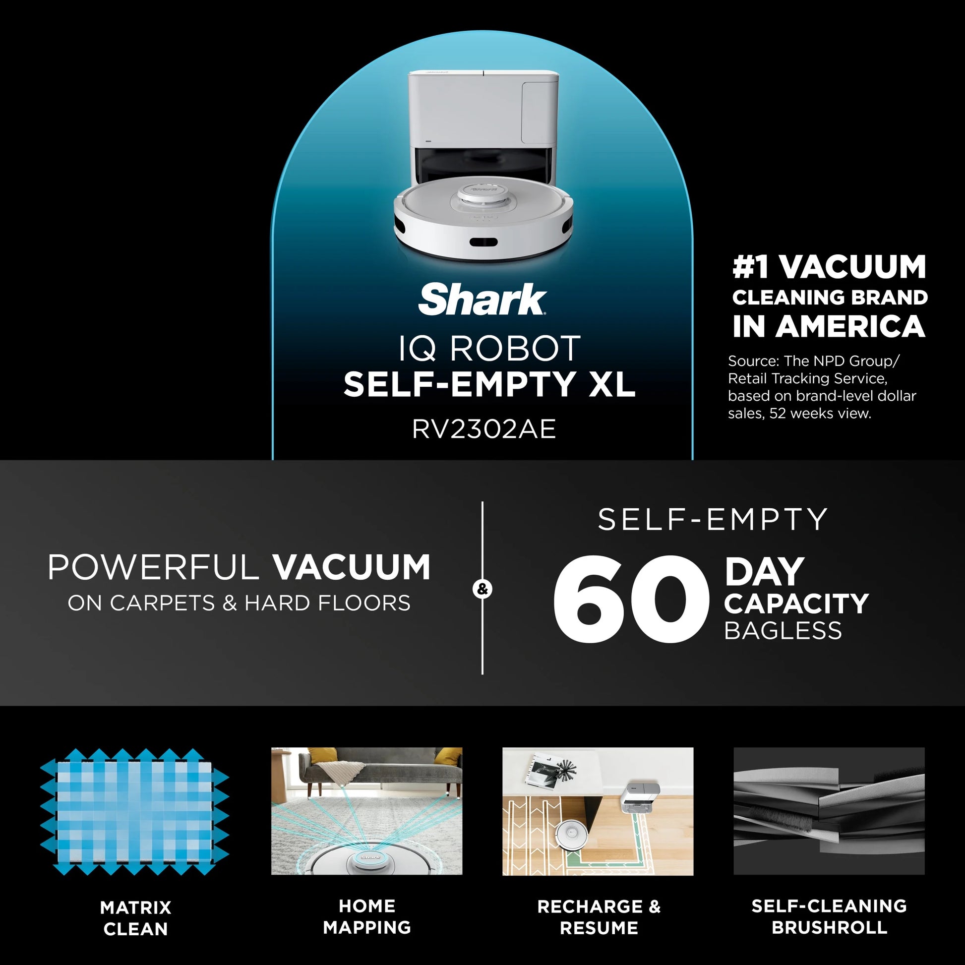 Shark® Matrix�?IQ Robot Vacuum, Bagless 60 Day Capacity Base, Multi-Surface Cleaning, Self Emptying, Home Mapping, RV2302AE