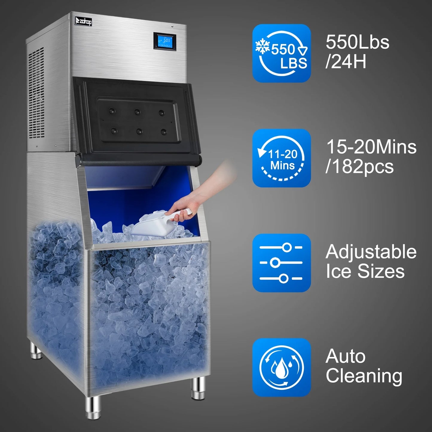 Ktaxon 550LBS/24H Commercial Ice Maker Machine & 300LBS Storage Bin, Commercial Ice Machine with LCD Touch Control Panel & Automatic Cleaning for Restaurant Bar Coffee Shop Home Supermarket
