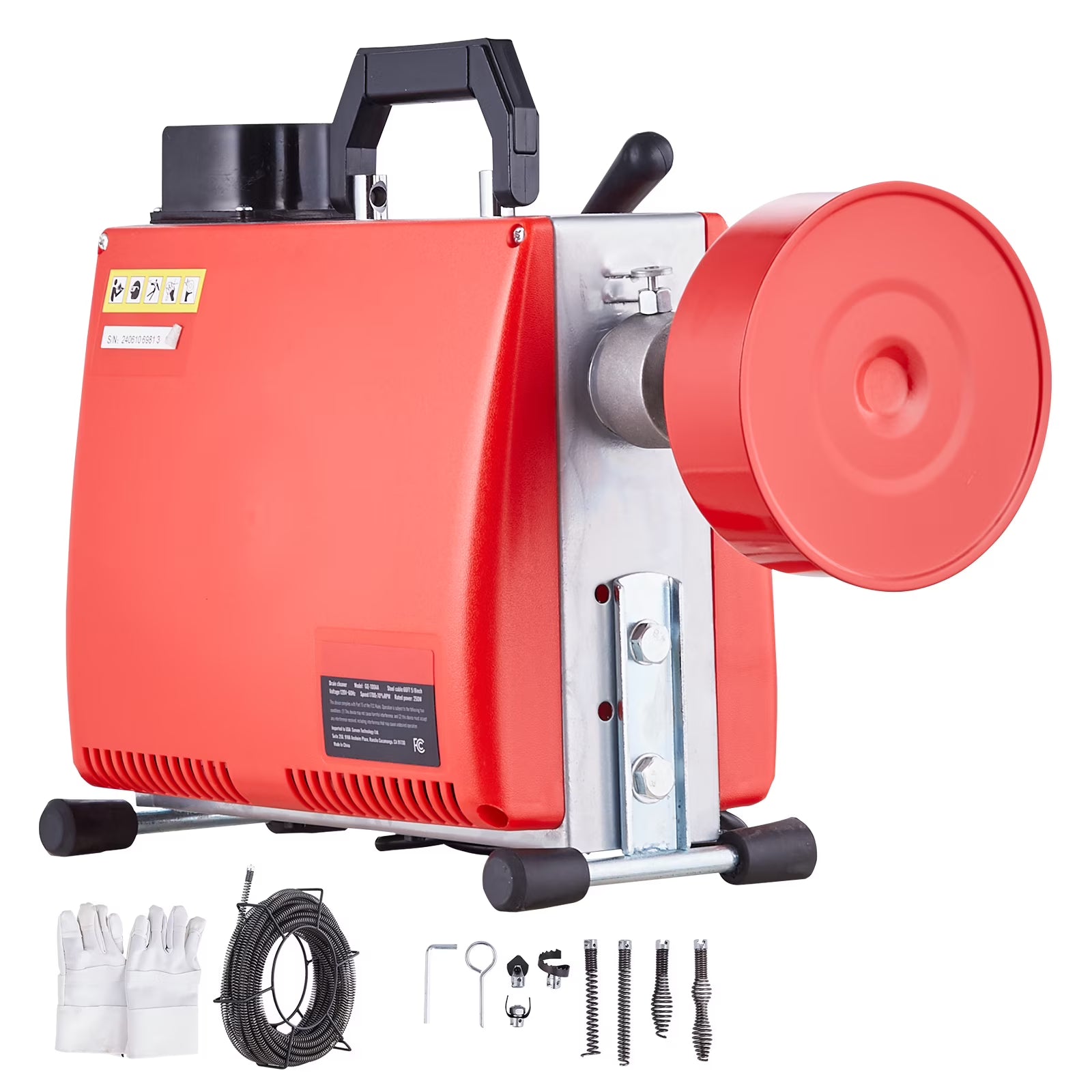 KFFKFF Electric Drain Cleaning Machine, 66FT x 5/8 Inch, 250W, Manual Operation - Includes 7 Cutting Heads, Dual Steel Cables & Directional Control, Suitable for 1.6"-4" Pipes