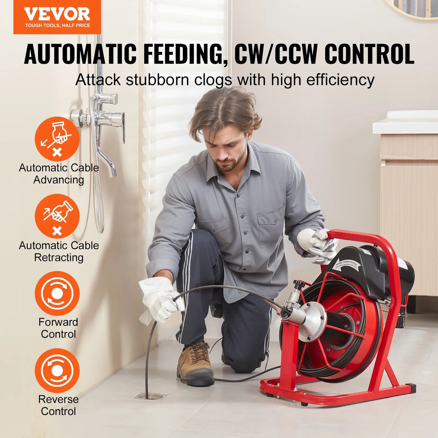 VEVOR Drain Cleaner Machine 50FT x 3/10 Inch, Auto Feed Sewer Snake Auger, Electric Drain Cleaning Machine with 4 Cutters & Air-activated Foot Switch for 2" to 4" Pipes
