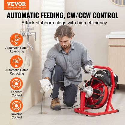 VEVOR Drain Cleaner Machine 50FT x 3/10 Inch, Auto Feed Sewer Snake Auger, Electric Drain Cleaning Machine with 4 Cutters & Air-activated Foot Switch for 2" to 4" Pipes