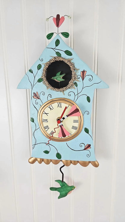 14.9 Inch | Stone Resin Decorative Clocks for Walls Home Decor Kitchen Clocks | Allen Designs Birdhouse with Flowers Cuckoo Wall Clock - Battery Operated Pendulum Analog Clock