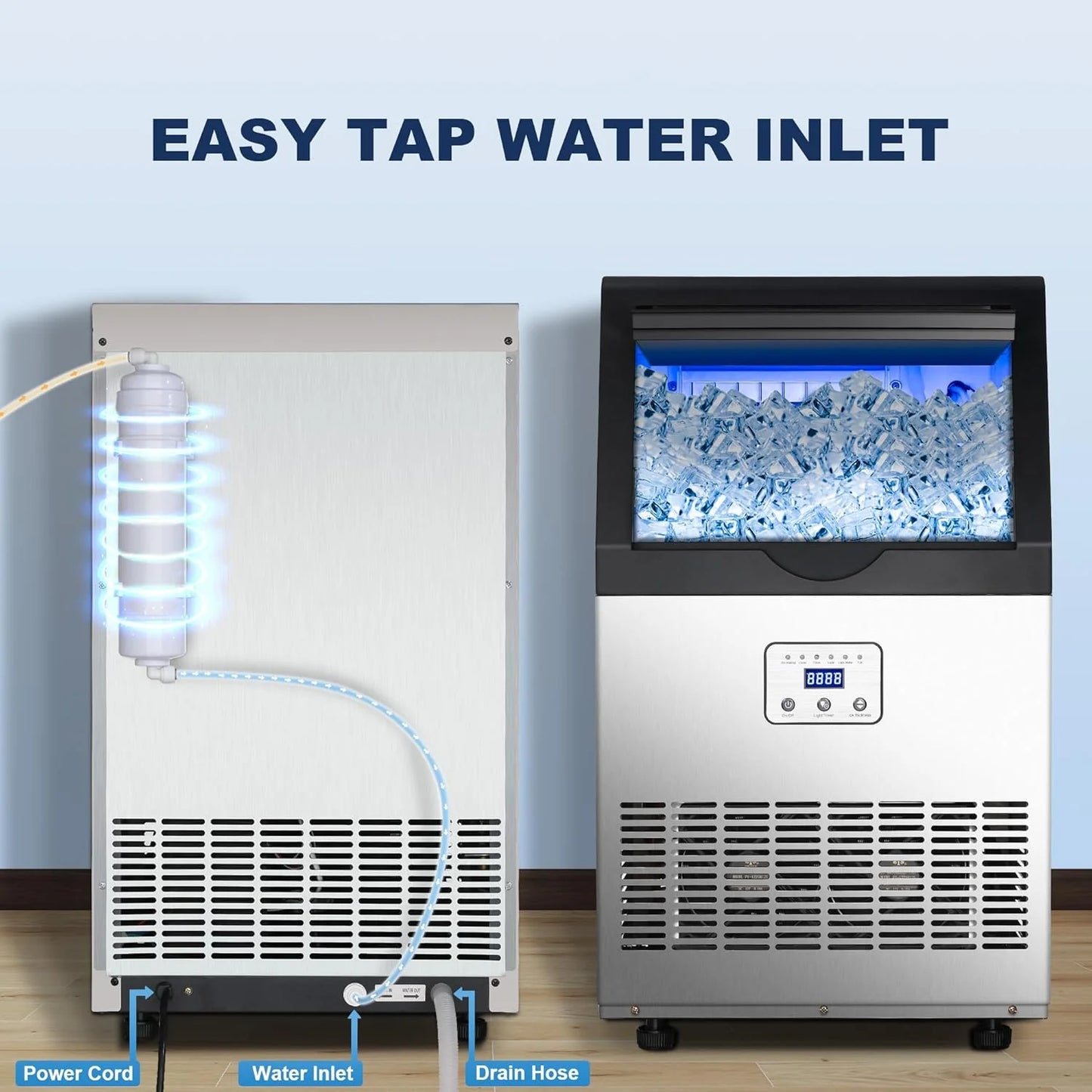 Ice Maker,110LBS/24H Commercial Ice Machine Stainless Steel Ice Maker Machine with 25LBS Capacity,45 Ice Cubes in 12-15 Minutes,Self-Cleaning,Ideal for Restaurant,Bars,Home,Includes Scoop