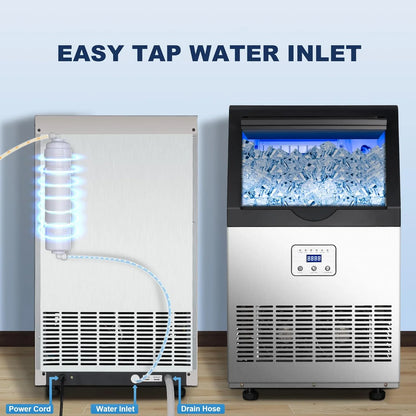 Ice Maker,110LBS/24H Commercial Ice Machine Stainless Steel Ice Maker Machine with 25LBS Capacity,45 Ice Cubes in 12-15 Minutes,Self-Cleaning,Ideal for Restaurant,Bars,Home,Includes Scoop