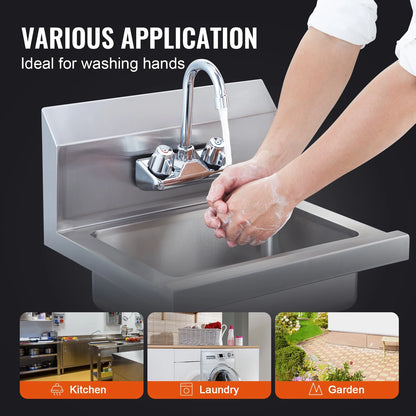 KFFKFF Industrial Hand Wash Station with Tap, Certified Stainless Steel Basin for Cleaning, Compact Hand Cleansing Sink, Wall-Fixed Utility Basin for Eatery, Cooking Area, Pub, Garage and Residence