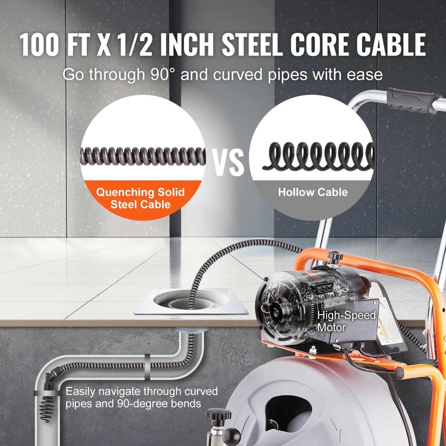 KFFKFF Drain Cleaning Machine, 100FT x 1/2 Inch, Self-feeding, Mobile Drain Auger with 8 Blades & Pneumatic Foot Pedal, Ideal for 2"-4" Pipes