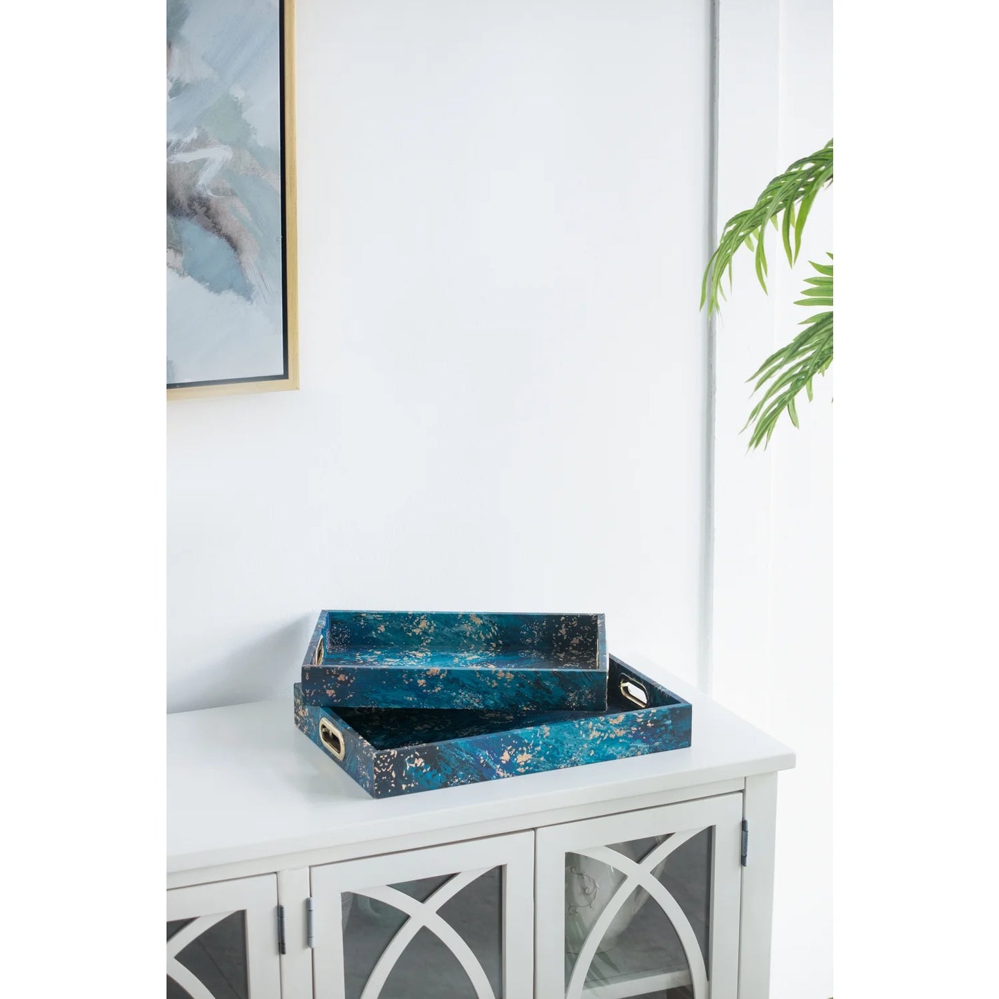 A&B Home Decorative Tray with Handles - Modern Minimalist Style Faux Leather Set of 2 Perfume Tray for Ottoman Couch Centerpiece Table D??cor, Blue