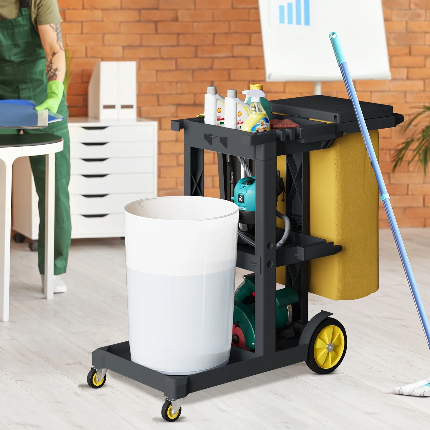 Dextrus Commercial Janitorial Trolley Cleaning Cart, 25 Gallon Capacity with Cover, for Housekeeping & Facility Maintenance, Black
