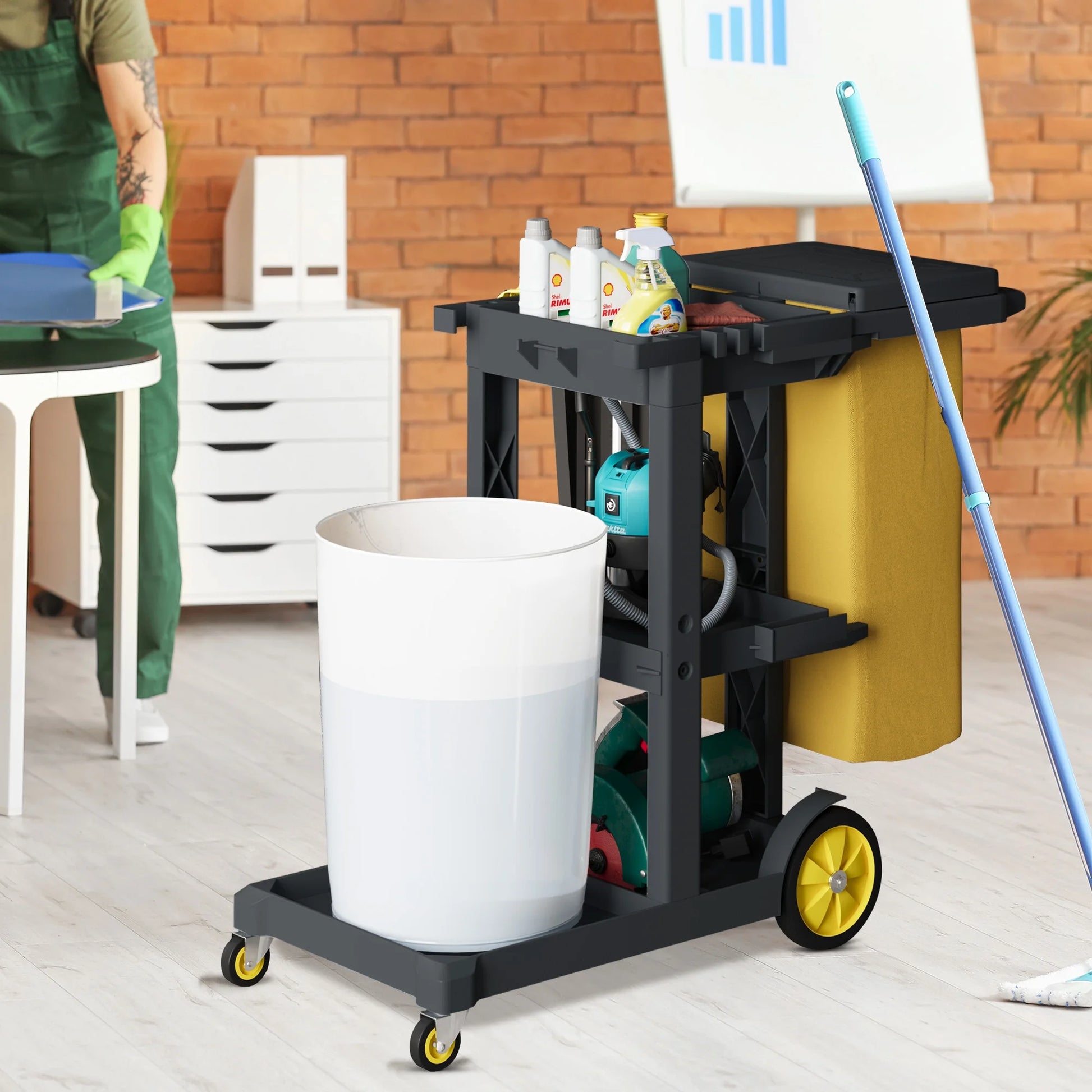 Dextrus Commercial Janitorial Trolley Cleaning Cart, 25 Gallon Capacity with Cover, for Housekeeping & Facility Maintenance, Black