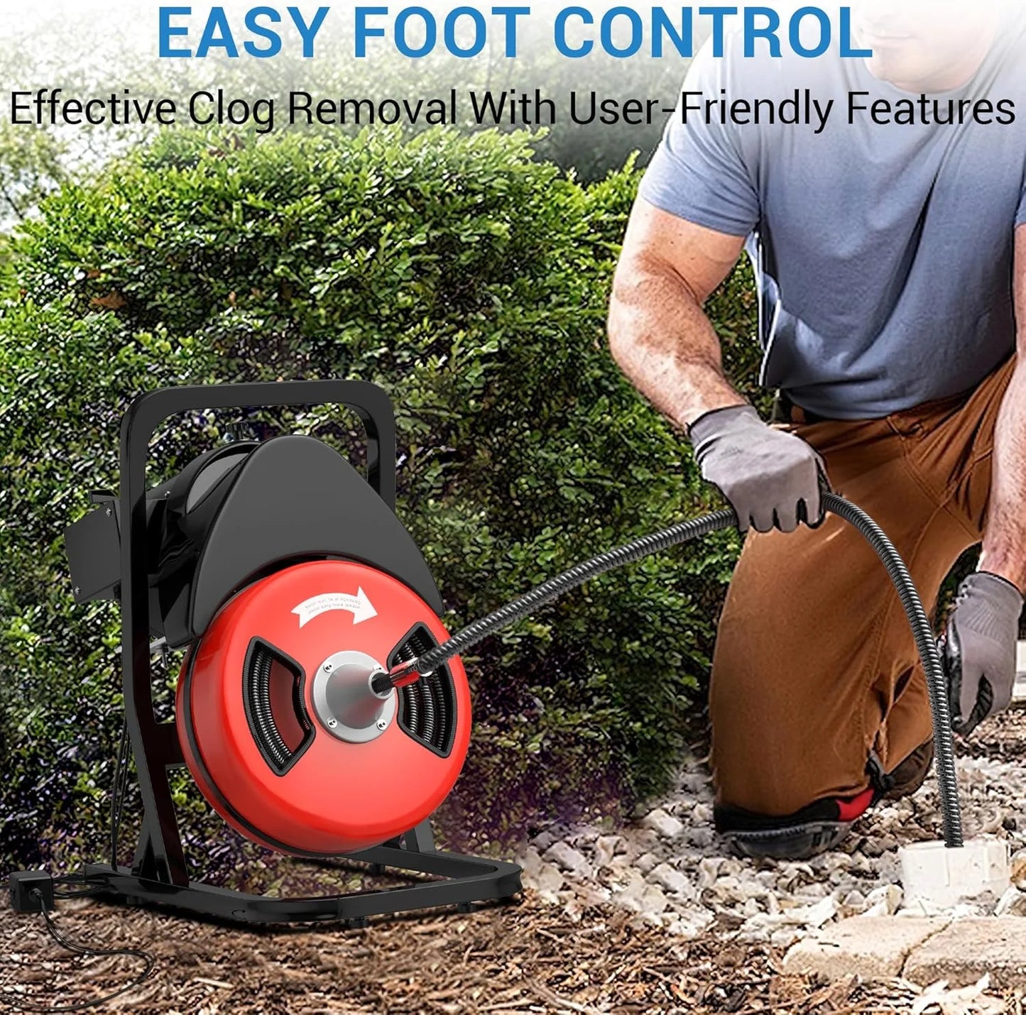 Drain Cleaner Machine 50FTx1/2 Inch,Auto Sewer Snake Auger on Wheels,Portable Drain Cleaning Machine with 4 Cutter & Foot Switch for 2" to 4" Pipes Sewer Sink Toilet Shower