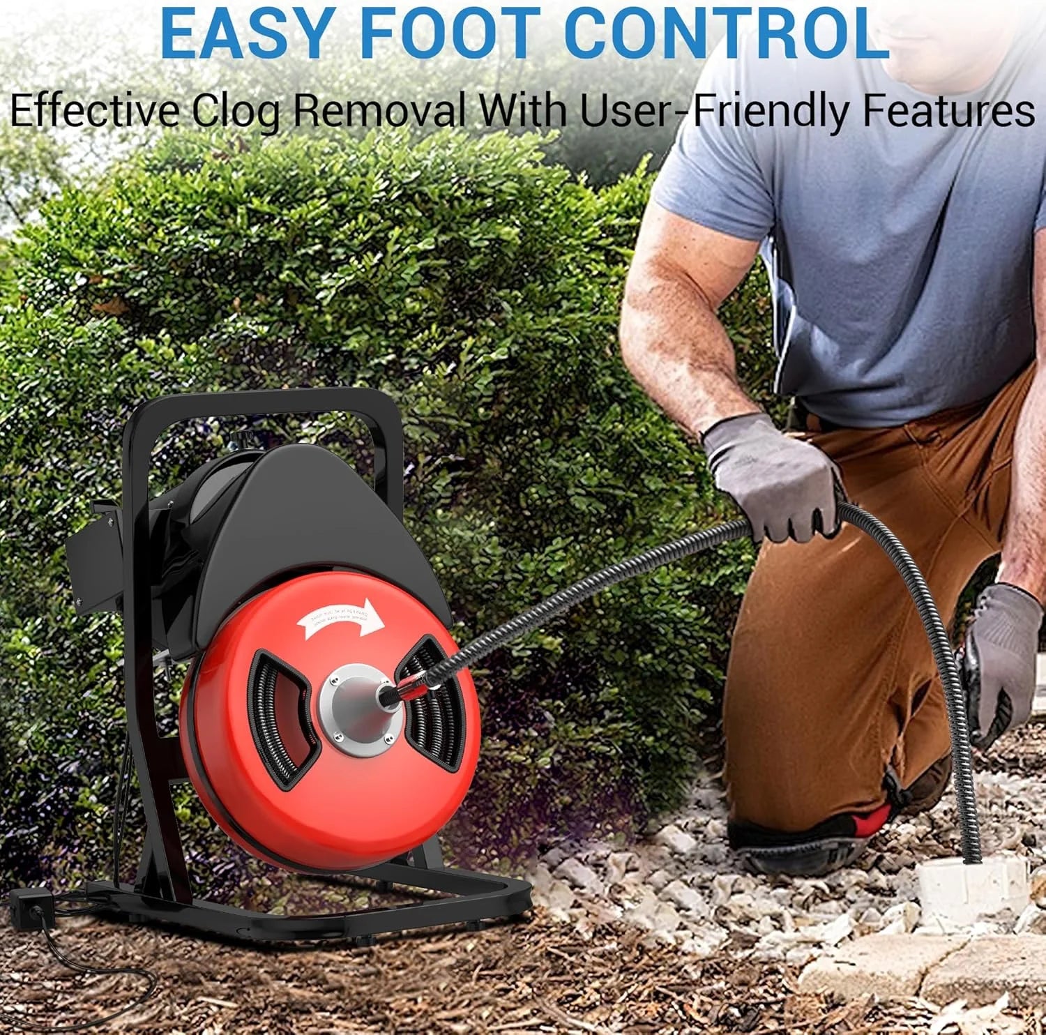 Drain Cleaner Machine 50FTx1/2 Inch,Auto Sewer Snake Auger on Wheels,Portable Drain Cleaning Machine with 4 Cutter & Foot Switch for 2" to 4" Pipes Sewer Sink Toilet Shower