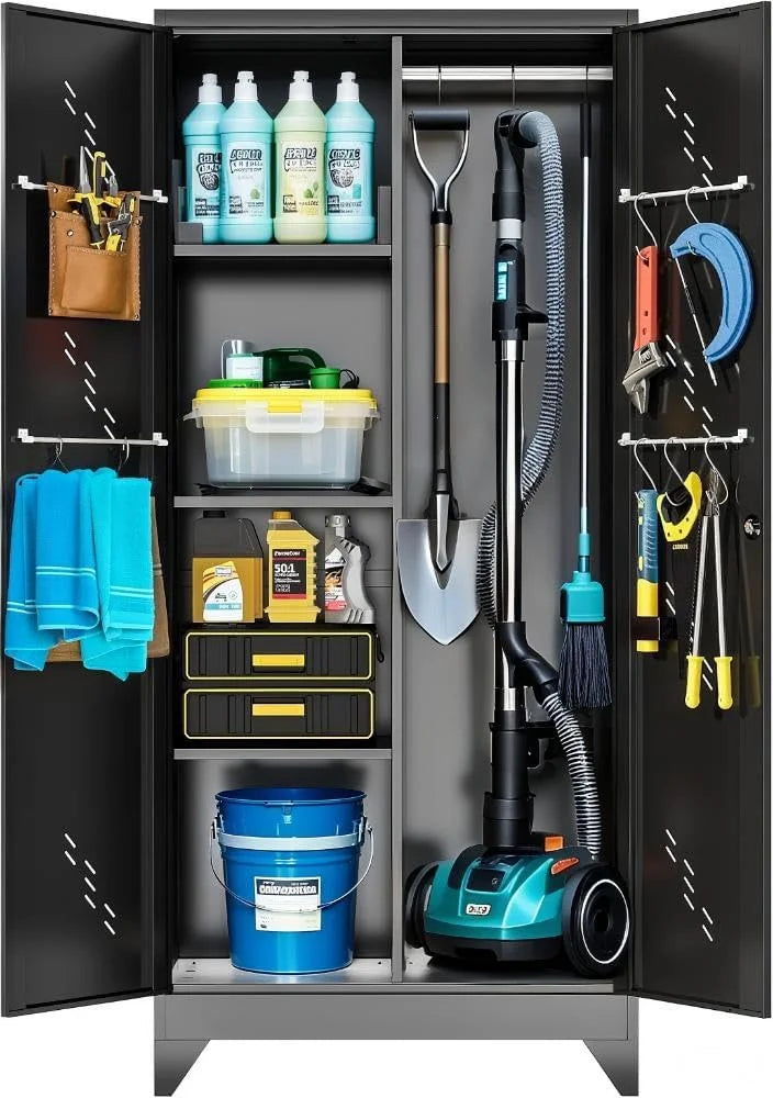 Metal Storage Cabinet with Locking Doors & Shelves, Outdoor Storage, Heavy Duty Cleaning Tool Organizer for Garage, Office, Warehouse