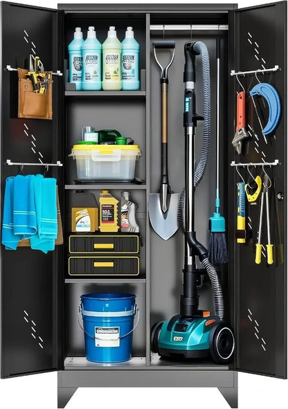 Metal Storage Cabinet with Locking Doors & Shelves, Outdoor Storage, Heavy Duty Cleaning Tool Organizer for Garage, Office, Warehouse