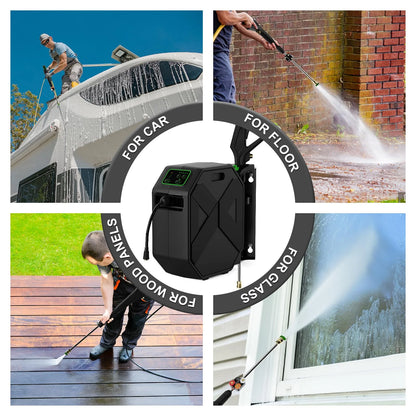 Wall Mounted Pressure Washer - 5000 PSI, 3.6 GPM Electric Power Washer with 100FT Retractable Hose, 5-Stage Adjustable Pressure, Foam Cannon & 5 Nozzles for Car, Lane, Patio Cleaning, Black