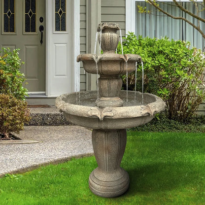 Indoor/Outdoor 3-Tiers Concrete Floor Water Fountain with Electric Pump for Patio Lawn Home Decor