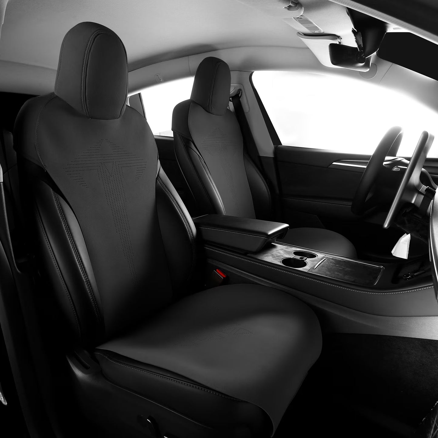 Ikon Motorsports Seat Cover Cushions Compatible With 2020-2024 Tesla Model Y 4-Door, V1 Style White Suede Leather 1st 2nd Row 5-Seat Seat Cover Cushion Protectors