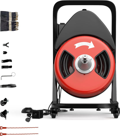 Drain Cleaner Machine 50FTx1/2 Inch,Auto Sewer Snake Auger on Wheels,Portable Drain Cleaning Machine with 4 Cutter & Foot Switch for 2" to 4" Pipes Sewer Sink Toilet Shower