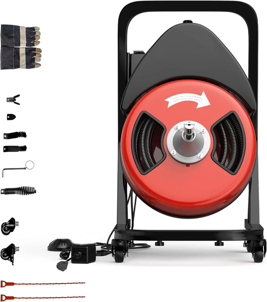 Drain Cleaner Machine 50FTx1/2 Inch,Auto Sewer Snake Auger on Wheels,Portable Drain Cleaning Machine with 4 Cutter & Foot Switch for 2" to 4" Pipes Sewer Sink Toilet Shower