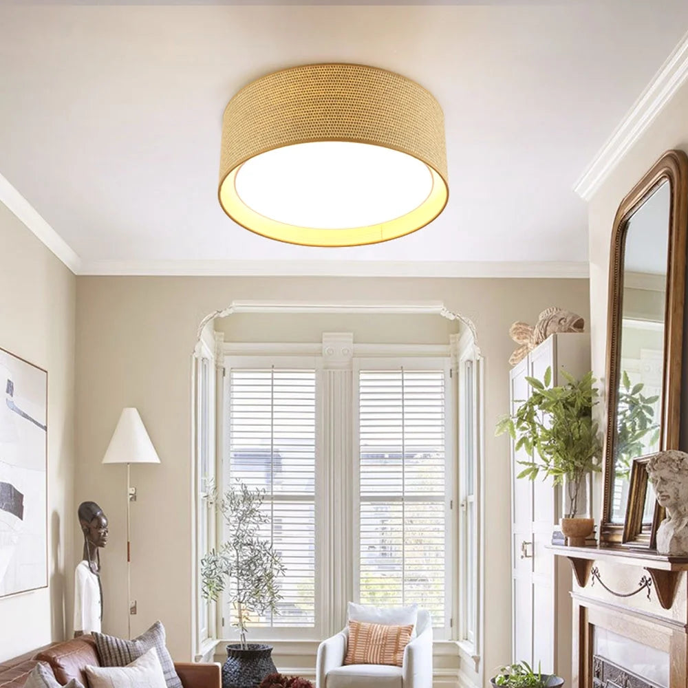 LEDET 15.7 in. Yellow Flush Mount Ceiling Light Rattan Weaving Shade Home Decor Pendant Lighting