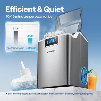 SPECSTAR Nugget Ice Maker Machine, Countertop Ice Maker with Hand Scoop 10 Ice Bags and Self Cleaning Function 44lbs/Day, Silver