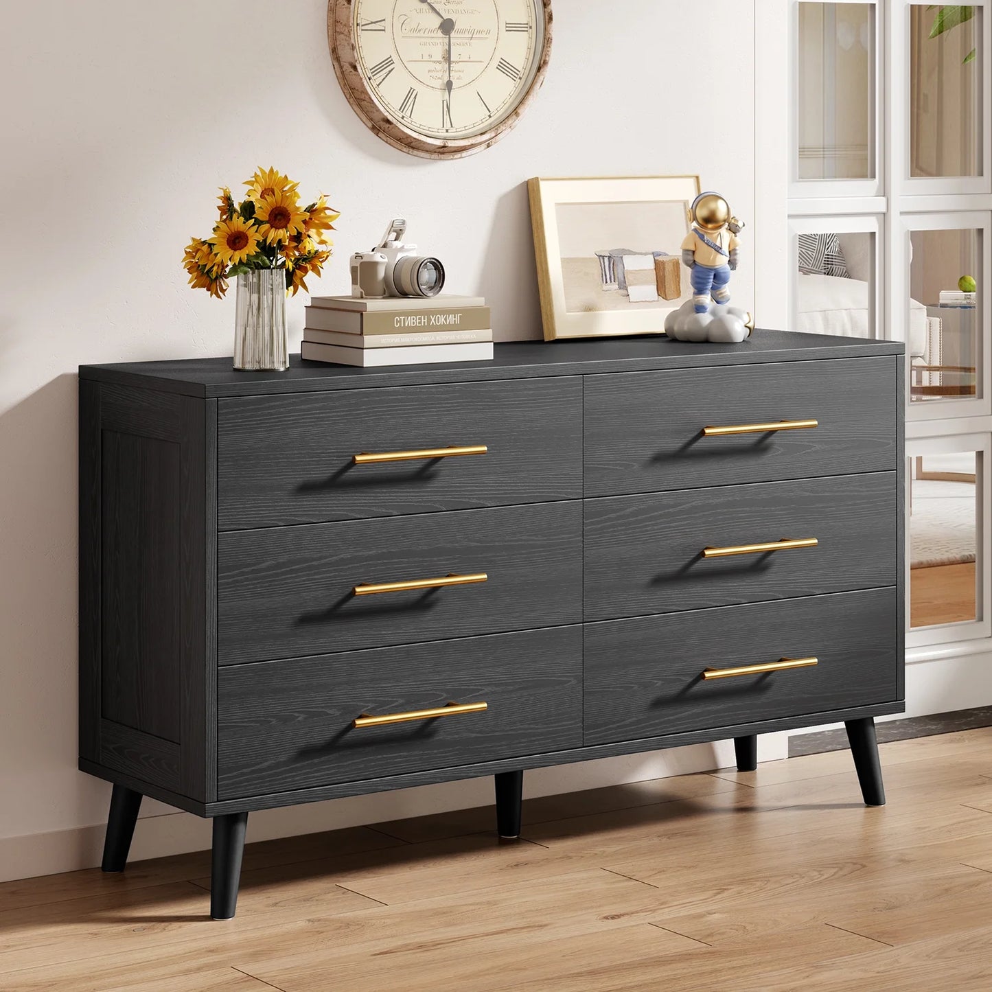 Bedroom Set - Includes Full Size Bed Frame (Dark Gray), Nightstands, 5-Drawer Dresser & Double Wide 6-Drawer Dresser - Modern Storage Solution for Stylish Home Decor, Black