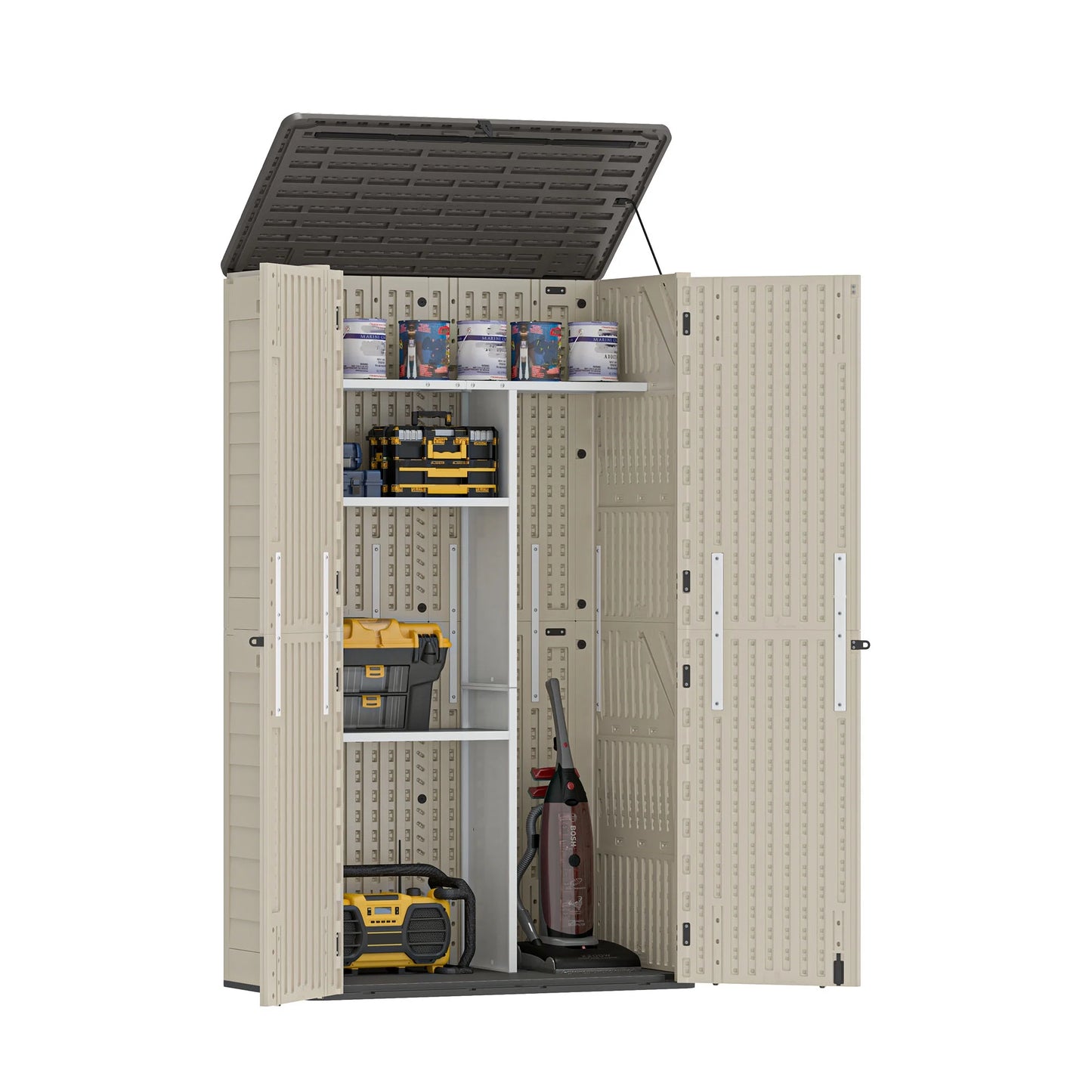 Wooflex 6.7 ft Tall Garage Cabinet with Lockable Double Doors, Resin Storage for Cleaning Supplies, Vacuums, Portable Household Organizer, Woodgrain Brown