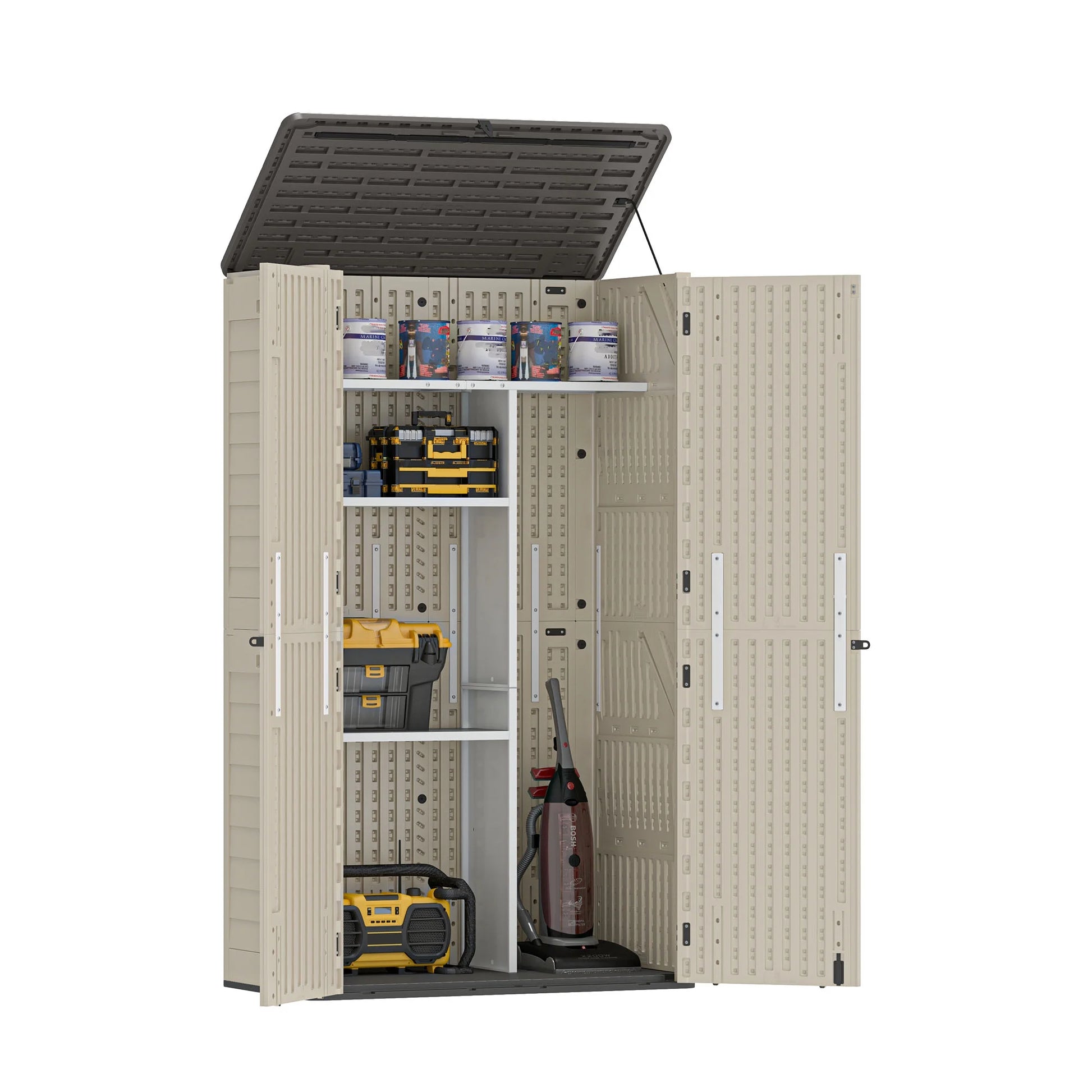 Wooflex 6.7 ft Tall Garage Cabinet with Lockable Double Doors, Resin Storage for Cleaning Supplies, Vacuums, Portable Household Organizer, Woodgrain Brown