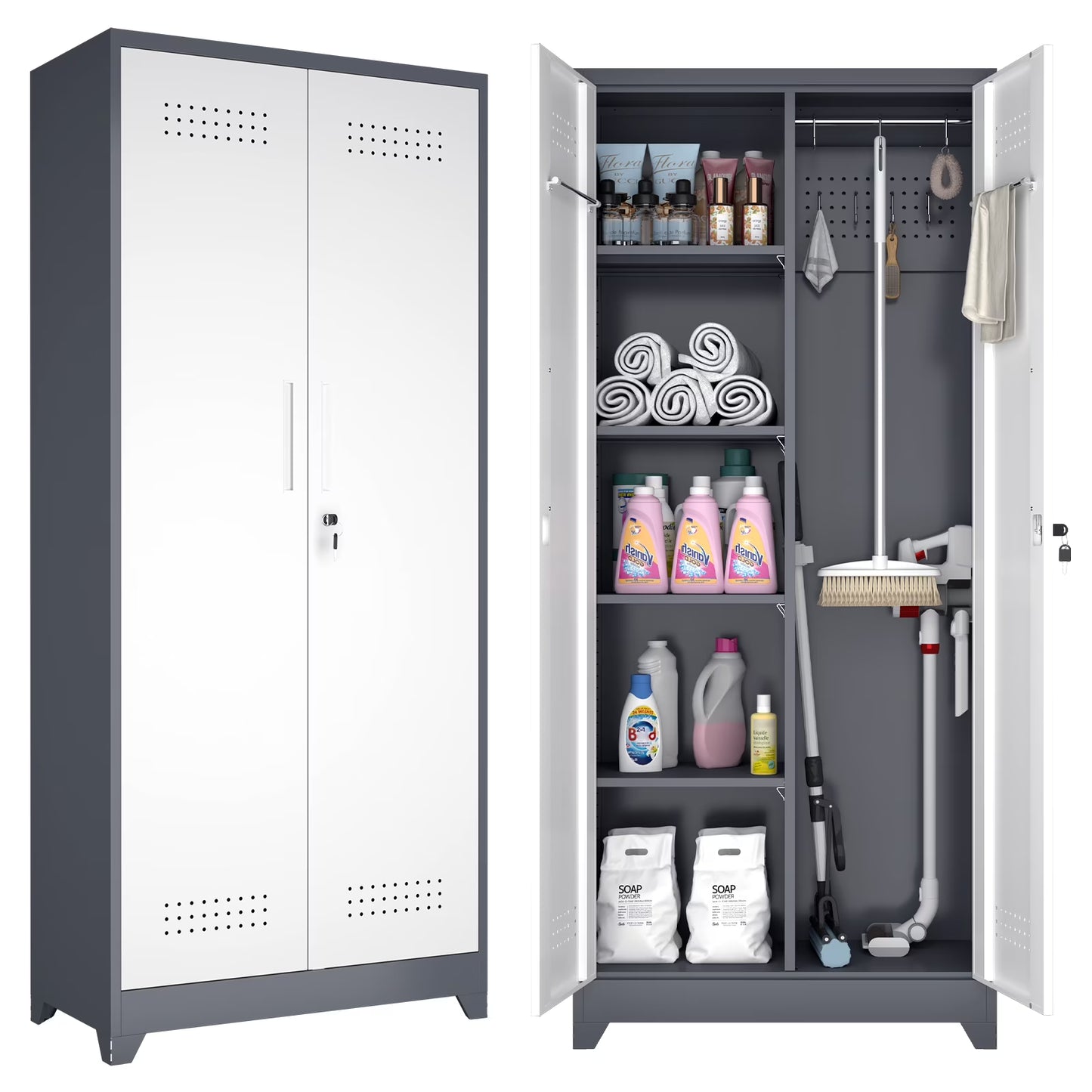 Marcree Broom Closet with Locking Doors,72.8����H Cleaning Tool Storage Cabinet with Hanging Rod & Hooks,Heavy-Duty Tool Garage Storage Cabinet for Utility Room,Grey
