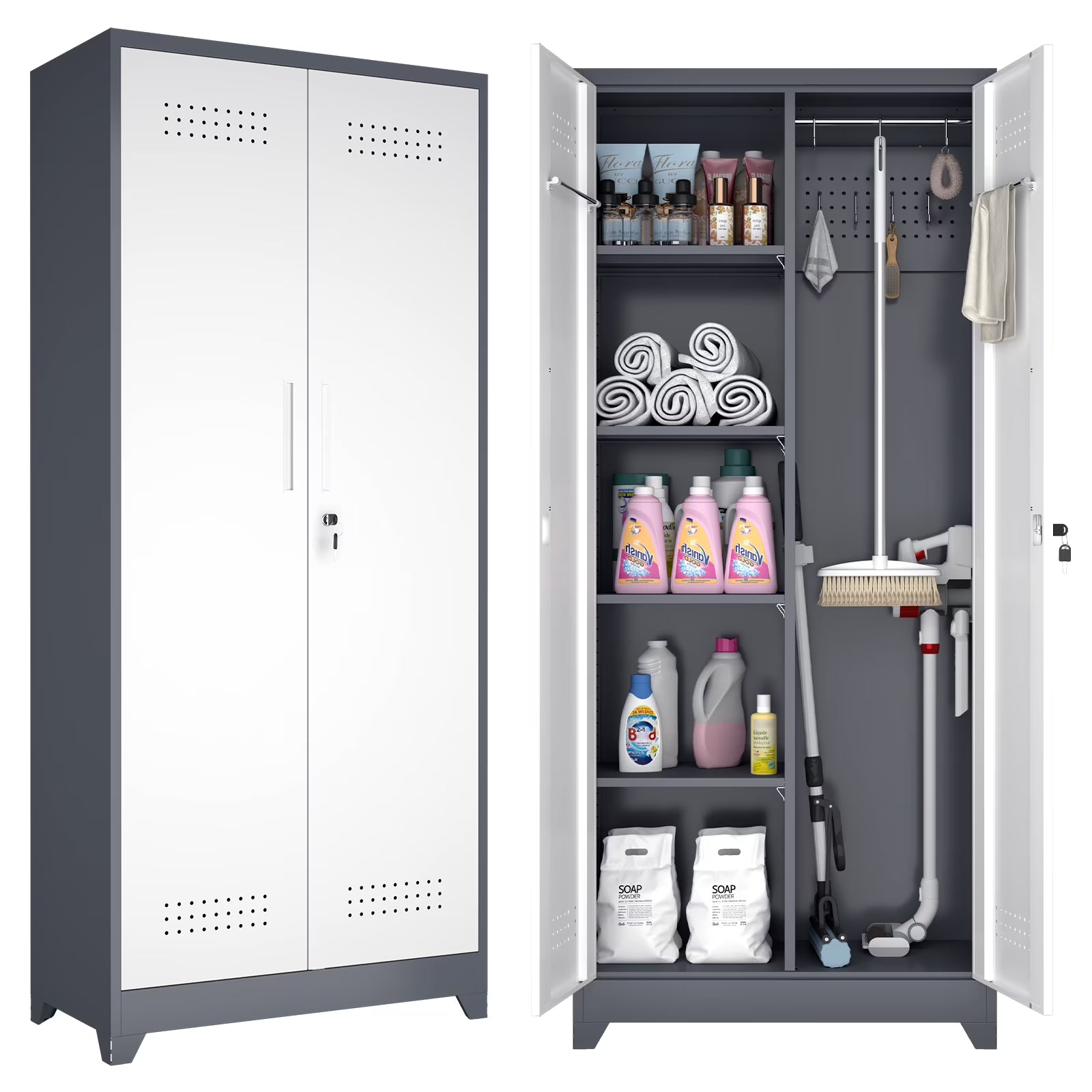 Marcree Broom Closet with Locking Doors,72.8����H Cleaning Tool Storage Cabinet with Hanging Rod & Hooks,Heavy-Duty Tool Garage Storage Cabinet for Utility Room,Grey