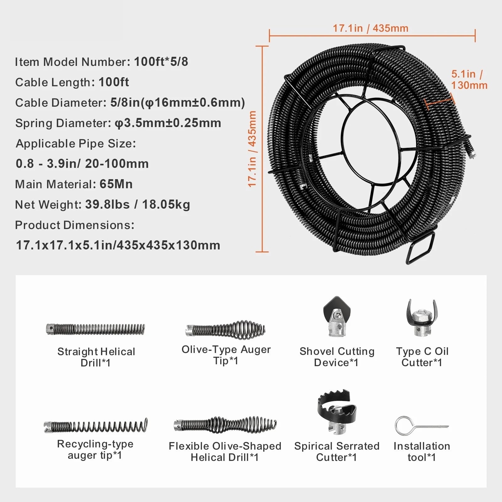 KFFKFF 100FTx5/8In & 7 Cutouts Drain Cleaning Cable for 0.8"-3.9" Pipes