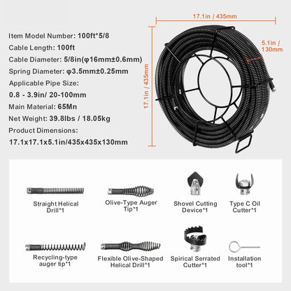 KFFKFF 100FTx5/8In & 7 Cutouts Drain Cleaning Cable for 0.8"-3.9" Pipes