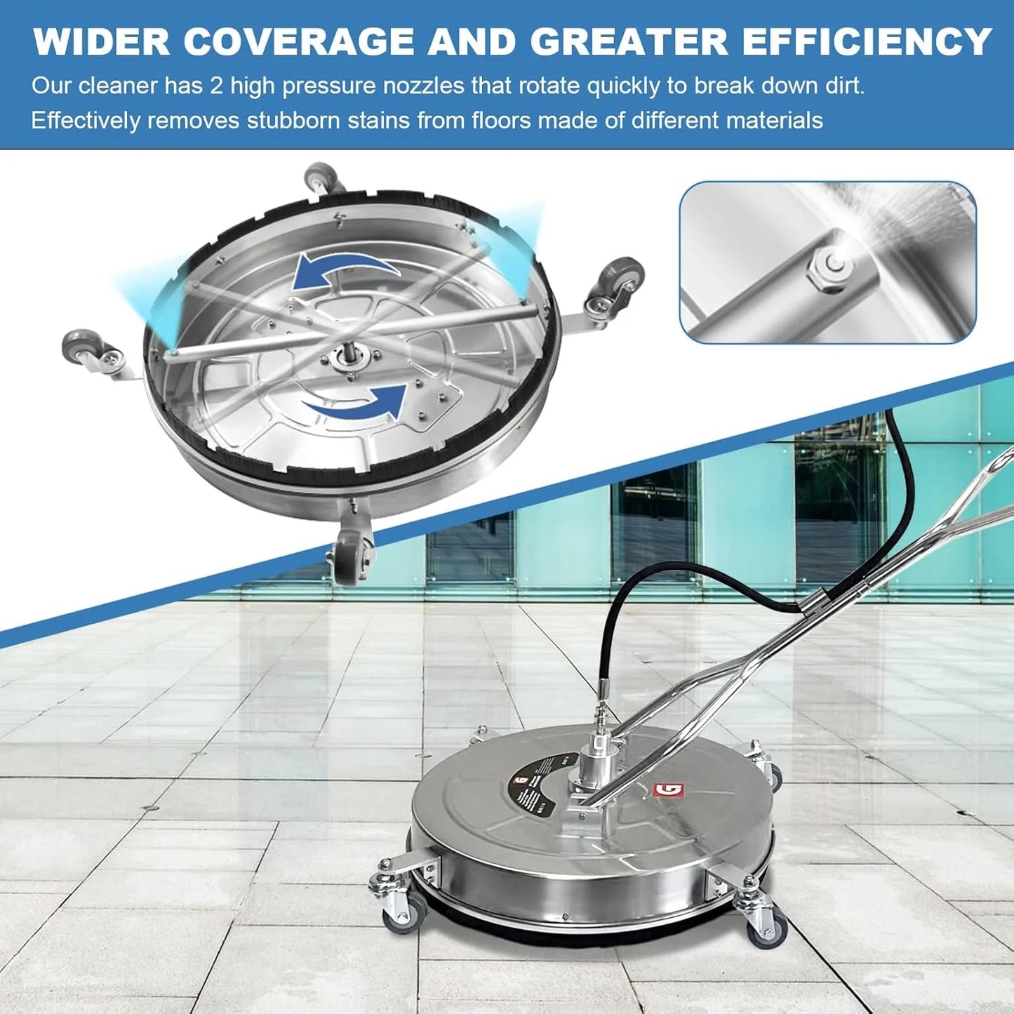 Garvee 24" Pressure Washer Surface Cleaner with Dual Handles �C Stainless Steel, 4-Wheel Design for Driveways, Sidewalks, Curbs, Decks, & Patios �C 4900 PSI, High-Efficiency Cleaning Accessory