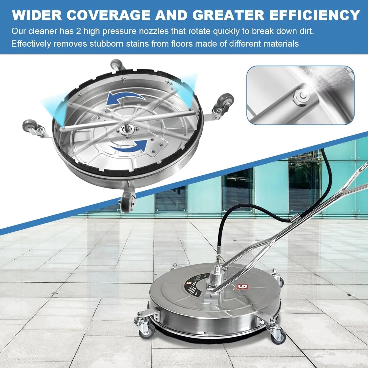 Garvee 24" Pressure Washer Surface Cleaner with Dual Handles �C Stainless Steel, 4-Wheel Design for Driveways, Sidewalks, Curbs, Decks, & Patios �C 4900 PSI, High-Efficiency Cleaning Accessory