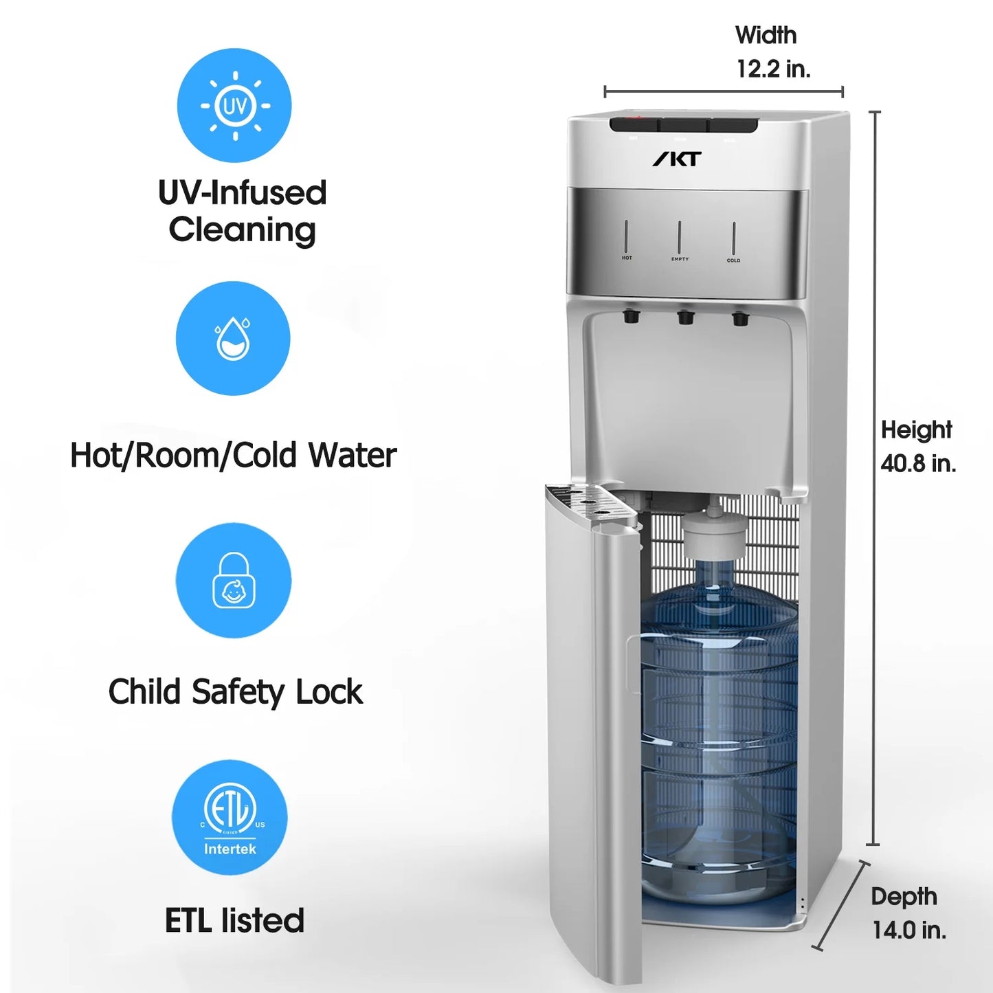 IKT Self-Cleaning Bottom Load Water Cooler Dispenser for 3-5 Gallon Bottle with Child Safety Lock Display Light Silver