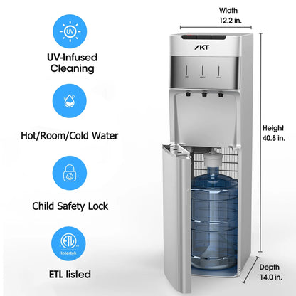 IKT Self-Cleaning Bottom Load Water Cooler Dispenser for 3-5 Gallon Bottle with Child Safety Lock Display Light Silver