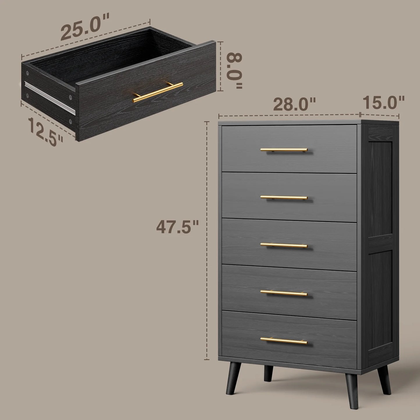 Bedroom Furniture Set - Includes Queen Bed Frame, Nightstands Set of 2, 5-Drawer Dresser & Double Wide 6-Drawer Dresser - Modern Storage Solution for Stylish Home Decor, Black